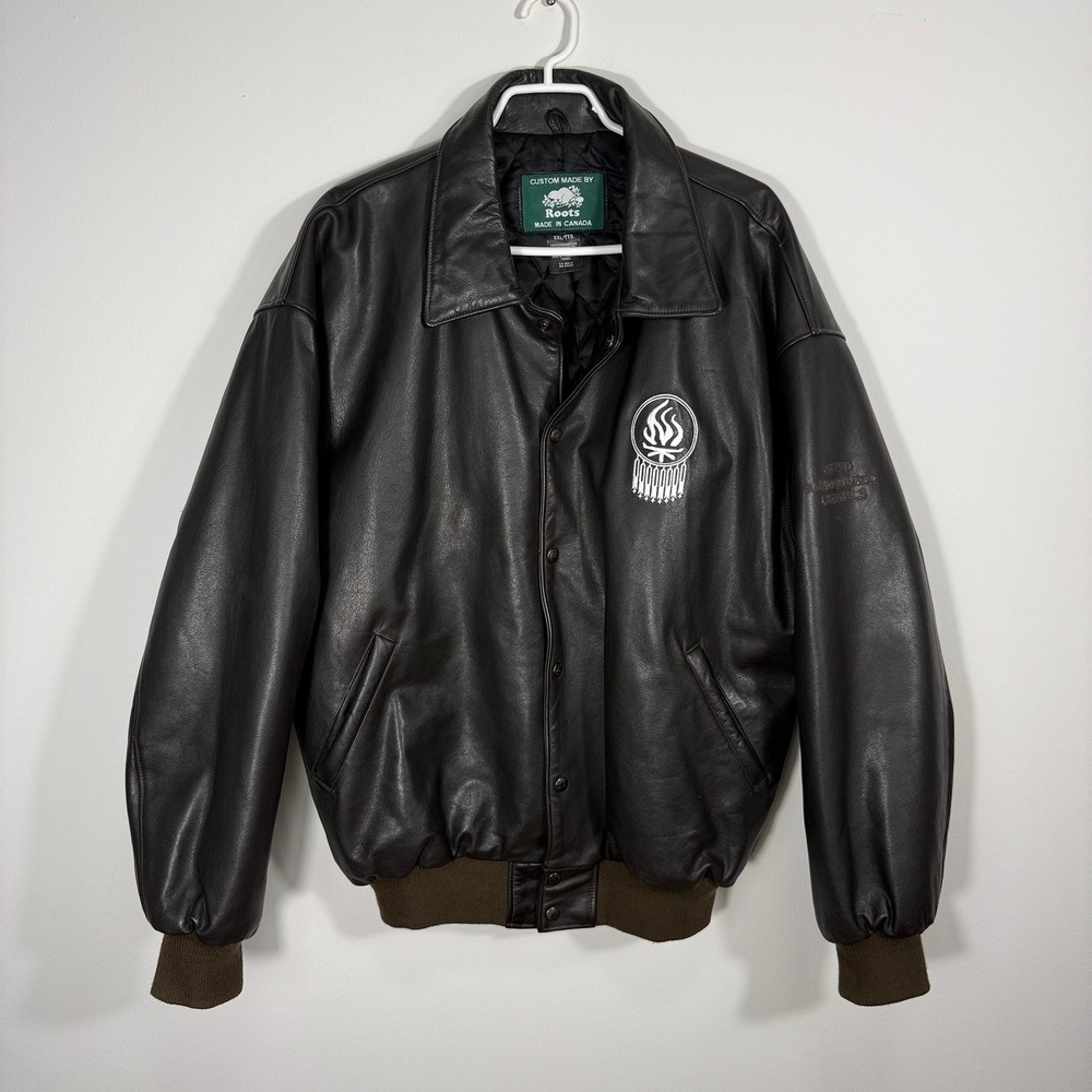 VTG Roots Custom Made Leather Varsity Jacket Mens XXL Bomber Made in Canada